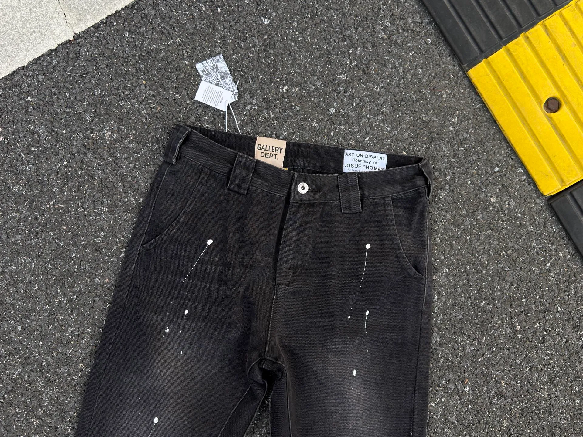 P240💰GA07 Top heavy industry GALLERY DEPT. Spliced ​​ink splash back logo washed retro jeans men and women high street splash ink pants micro-flared casual trousers trendy couple same style Size: 28 30 32 34 36 (corresponds to S M L XL XXL)